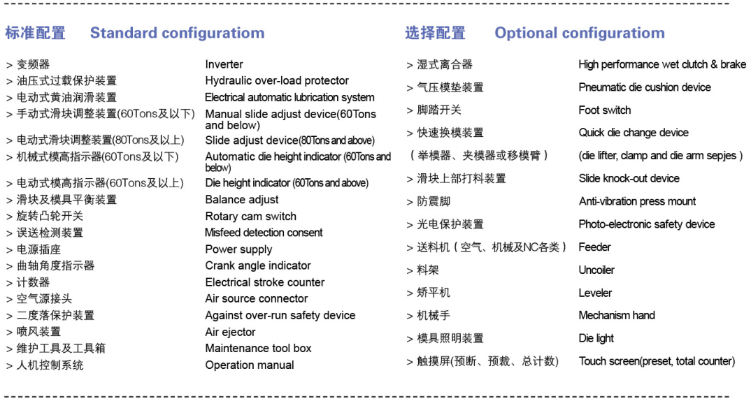 氣動沖床標準配置表
